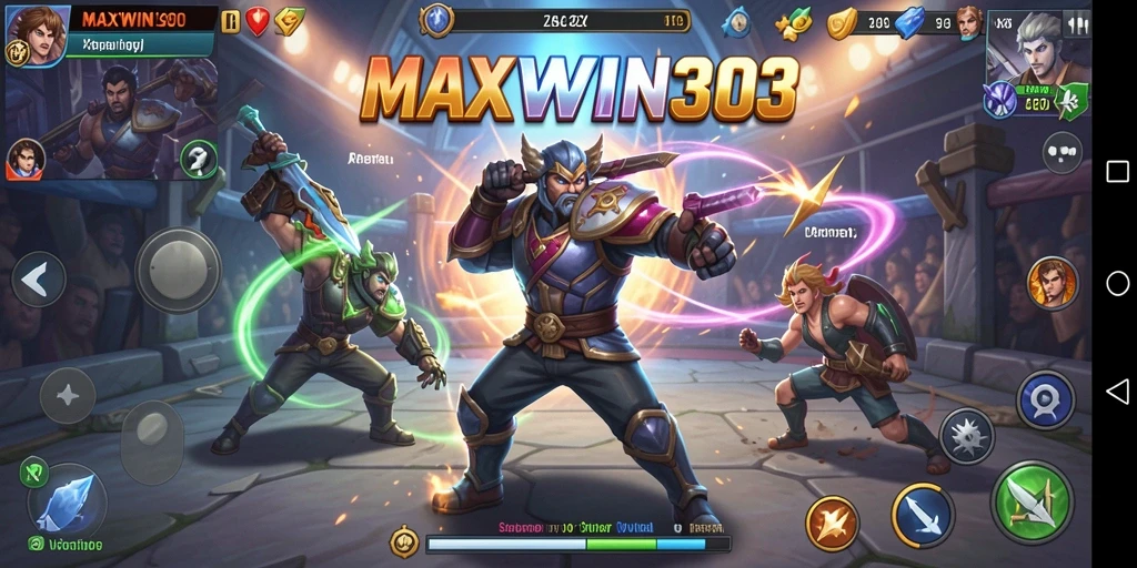 Gameplay MAXWIN303 yang seru menampilkan pertarungan epik di arena.